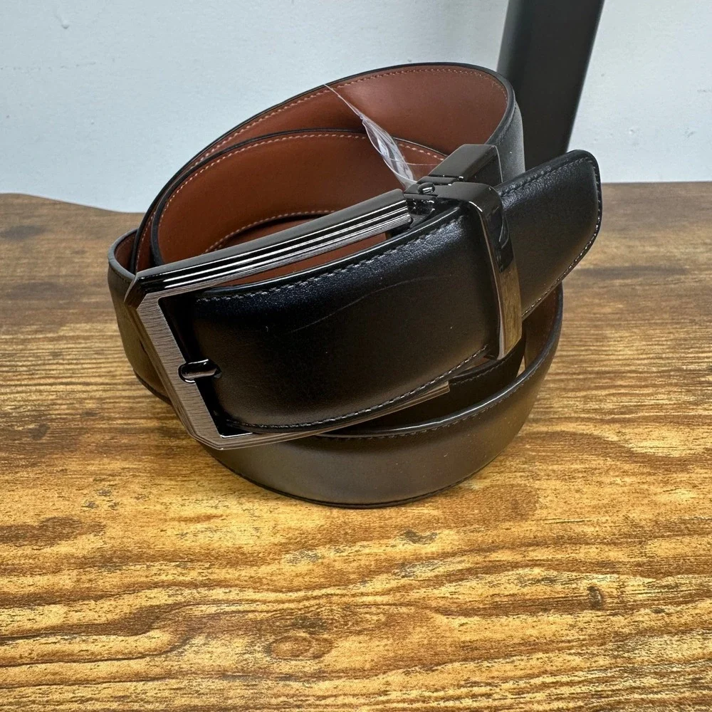 NEW Perry Ellis Mens Reversible Black Brown Leather Belt Gunmetal Buckle 34-36